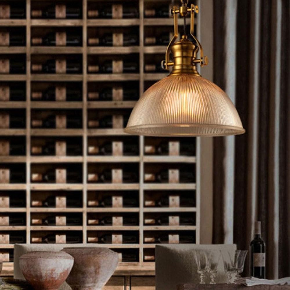 Style Metal Chandelier, Creative Bowl -Shaped Glass Pendant Lamp Lampshade, E27 | Ribbed Glass Single Head Suspended | Light in Brass Hanging Model A181-H