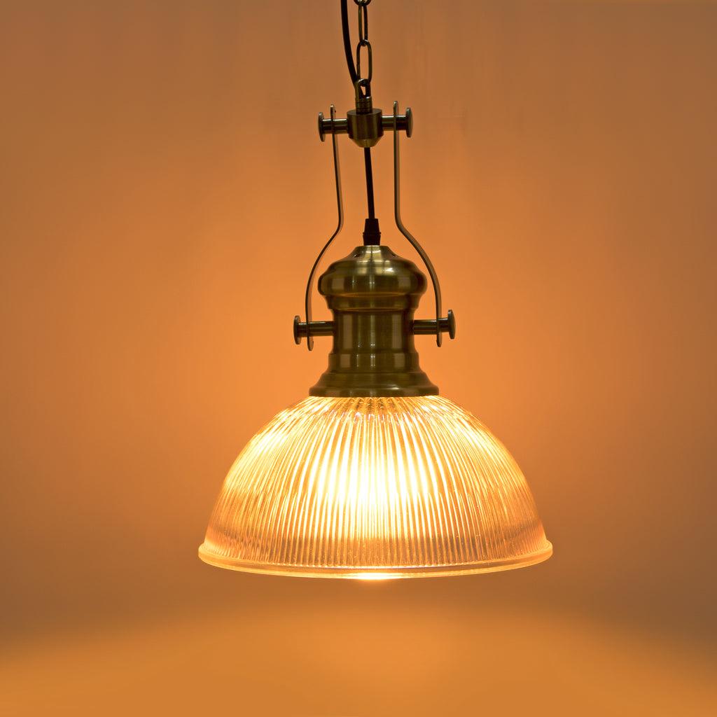 Style Metal Chandelier, Creative Bowl -Shaped Glass Pendant Lamp Lampshade, E27 | Ribbed Glass Single Head Suspended | Light in Brass Hanging Model A181-H