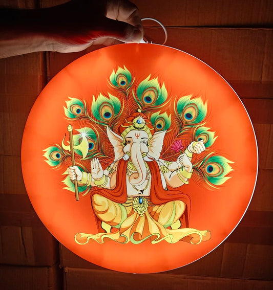 Round Shape Ganesh Ji Acrylic Hanging Board With Inbuilt Light